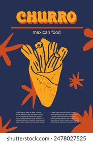 Mexican food set vector illustration. Engraved churro bundle of traditional dishes, homemade and restaurant dinner dishes and sauces cooking in cuisine of Mexico