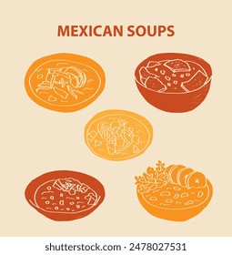 Ilustración vectorial de comida mexicana. Sopas grabadas a menudo, pozole, barrio, caldo, tlalpen, Paquete de platos tradicionales, platos caseros y de la cena del restaurante y salsas de cocina en la cocina de México