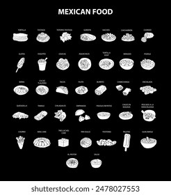 Ilustración vectorial de comida mexicana. Paquete grabado de platos tradicionales, platos caseros y de la cocina de México	