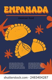 Ilustración vectorial de comida mexicana. Paquete de empanadas grabadas de platos tradicionales, platos caseros y de la cena del restaurante y salsas para cocinar en la cocina de México	