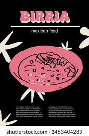 Ilustración vectorial de comida mexicana. Paquete birria grabado de platos tradicionales, platos caseros y de la cena del restaurante y salsas para cocinar en la cocina de México	