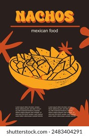 Ilustración vectorial de comida mexicana. Paquete de nachos grabados de platos tradicionales, platos caseros y de la cena del restaurante y salsas de cocina en la cocina de México	