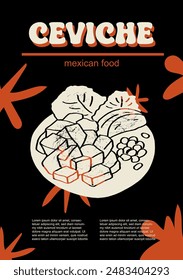 Ilustración vectorial de comida mexicana. Paquete de ceviche grabado de platos tradicionales, platos caseros y de la cena del restaurante y salsas para cocinar en la cocina de México	