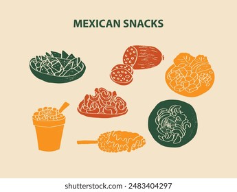 Ilustración vectorial de comida mexicana. Aperitivos grabados Paquete de platos tradicionales, platos caseros y de la cena del restaurante y salsas para cocinar en la cocina de México	