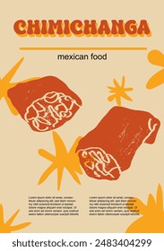 Ilustración vectorial de comida mexicana. Paquete de chimichanga grabada de platos tradicionales, platos caseros y de la cena del restaurante y salsas que cocinan en la cocina de México	