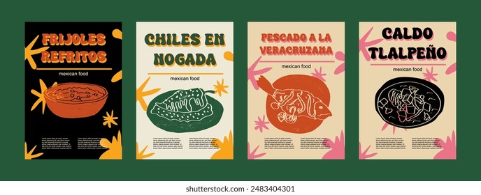 Ilustración vectorial de comida mexicana. Frijoles refritos grabados, chiles en nogada, pescado a la veracruzana, Paquete tlalpeno revestido de platos tradicionales, cocina en la cocina de México	