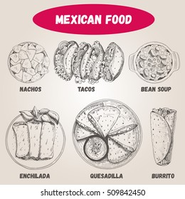 Mexican food set. Mexican food vector illustration. Linear graphic style. Vector set of Mexican cuisine.