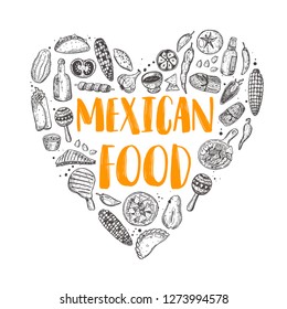 Mexican food in the shape of a heart. National cuisine. Hot and tasty.  Hand drawn vector illustration. Can be used for cafe, market, shop, barbeque, bar, restaurant, poster, label, sticker, logo