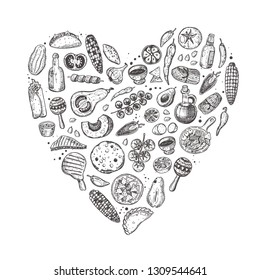 Mexican food in the shape of a heart. National cuisine. Hot and tasty. Hand drawn vector illustration. Can be used for cafe, market, shop, barbeque, bar, restaurant, poster, label, sticker, logo svg