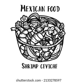 Mexican Food Shrimp Ceviche. Hand Drawn Black And White Vector Illustration In Doodle Style.