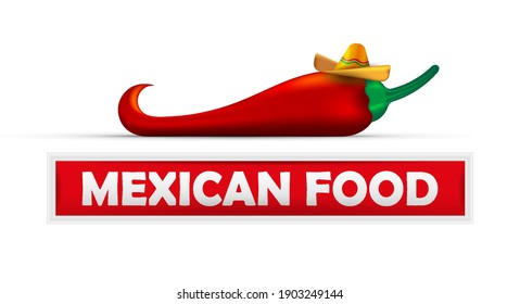 Mexican food. Signboard mockup and hot red pepper with hat. 3D cartoon vector illustration.