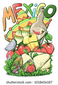 Mexican Food Sketch, Cinco de Mayo celebration banner, festive illustration or flyer. Inscription Mexico with maraca, sombrero or mexican hat. Mexican Food like tomato, peper and buritos.