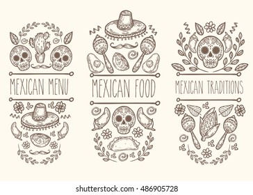 Mexican food sketch doodle collection, vector hand drawn label elements. Skull, sugar skull, sombrero, avocado, chili, cactus, Mexican food, tacos, burrito, moustaches. Native Mexican food