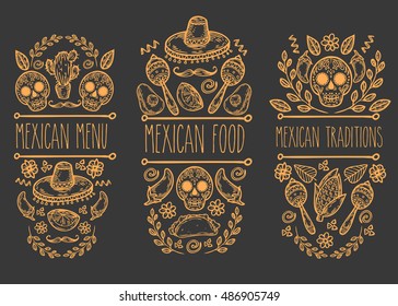 Mexican food sketch doodle collection, vector hand drawn label elements. Skull, sugar skull, sombrero, avocado, chili, cactus, Mexican food, tacos, burrito, moustaches. Native Mexican food