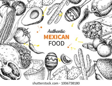 Mexican food sketch label in frame. Vector Traditional cuisines drawing burito, taco, nachos, chili pepper, vegetables. Engraved vintage template for mexican restaurant, cafe menu, banner, brochure