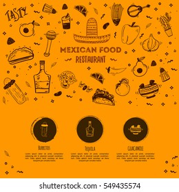 Mexican food sketch menu template. Vector vintageillustration for , poster on white background. with place text