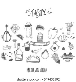 Mexican food sketch menu template. Vector vintageillustration for , poster on white background. with place text