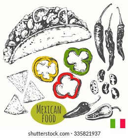 Mexican food in the sketch style. Latins traditional products. Vector illustration of ethnic cooking: tacos, nachos, beans, hot peppers. Main course, snacks and dessert.