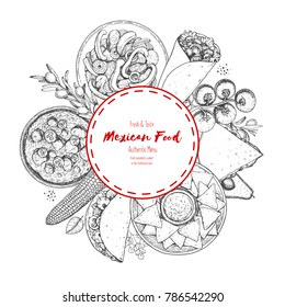 Mexican food sketch, vector illustration. Traditional dishes collection with nachos, tacos, fajitas, chilie. Engraved design template. Circle concept. Linear graphic.