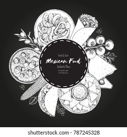 Mexican food sketch, vector illustration. Traditional dishes collection with nachos, tacos, fajitas, chilie. Engraved design template. Circle concept. Linear graphic.