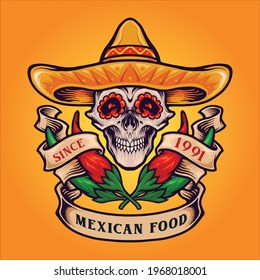 Mexican Food Skull Logo Chilli Vector illustrations for your work Logo, mascot merchandise t-shirt, stickers and Label designs, poster, greeting cards advertising business company or brands.