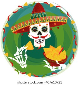 Mexican food. Smiling skull with jalapeno pepper mustache in sombrero eating nachos. Vector illustration