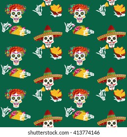 Mexican food. Smiling skulls with nachos and tacos. Seamless background pattern. Vector illustration