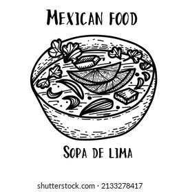 Mexican Food Sopa De Lima. Hand Drawn Black And White Vector Illustration In Doodle Style.