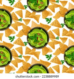 Mexican food with spices. A pattern of plates with guacamole sauce and nachos with seasonings lying on a white background. Suitable for printing on textiles and paper. Banner, flyer, packaging