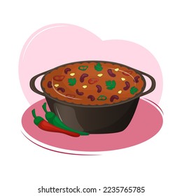 Mexican food is a spicy dish with meat and beans chili con carne in cast iron pot. Traditional Latin American cuisine. Vector illustration. Cartoon.