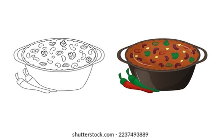 Mexican food is spicy dish with meat and beans chili con carne in cast iron pot. Kids coloring book for elementary school. Traditional Latin American cuisine. Vector illustration. Cartoon.