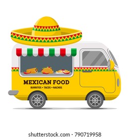 Mexican food street caravan trailer. Colorful vector illustration, cute style, isolated on white background