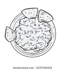 Mexican Food. Street meal. Guacamole with nachos sketch. Crisp chips and sauce bowl. Dinner cooking. Takeaway lunch. Traditional Mexico cuisine. Corn tortilla. Spicy appetizer. Vector engraving snack