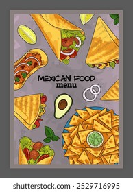 Comida mexicana. Menú de comida callejera. Cocina mexicana. Sabrosa tortilla y shawarma. Taco con salsa de aguacate. Un bocadillo caliente. Publicidad de comida rápida. Cena cocinando. Croquis de color. Plantilla de diseño de Anuncio de café de Vector