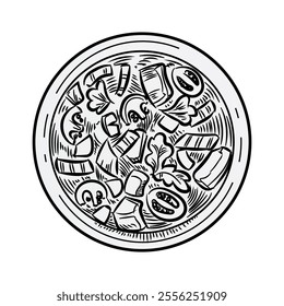 Mexican food. Street meal. Mexico cuisine. Hot beans with mushroom and tomato. Plate top view. Pizza sketch drawing. Dinner cooking. Meat and vegetables eating. Spicy soup bowl. Vector engraving snack