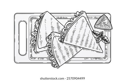 Mexican food. Street meal. Quesadilla sketch drawing. Delicious tortilla on wooden board top view. Meat and vegetables. Dinner cooking. Takeaway lunch. Mexico cuisine. Vector engraving fastfood snack