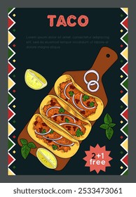 Comida mexicana. Comida callejera. Sabrosa tortilla con carne y tomates. Un bocadillo caliente. Publicidad de comida rápida. Cena cocinando. Tabla de cortar de la cocina. Croquis de color. Cocina mexicana. Plantilla de diseño de Anuncio de Vector