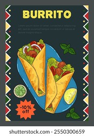 Mexican food. Street meal. Tasty burrito with meat and tomato. Hot snack discount. Fastfood advertising. Dinner cooking. Kitchen color sketch. Mexico cuisine. Vector marketing banner design template