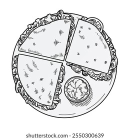 Comida mexicana. Comida callejera. Dibujo de boceto de tortilla. Delicioso shawarma en la vista superior de la placa. Carne y verduras. Cena cocinando. Comida para llevar. Cocina mexicana. Comida rápida kebab. Merienda de grabado de Vector