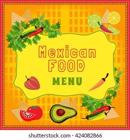 Mexican food style. Mexican cuisine Concept. Traditional menu. Fiesta meal. Mexico restaurant, cafe, kitchen. Mexican border Concept. Mexican chili food. Latin restaurant kitchen. Vector Illustration