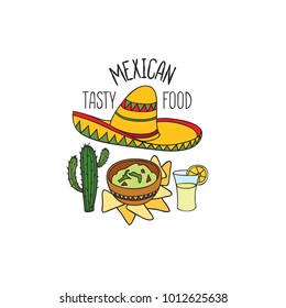 Mexican food symbol. National cuisine set. Mexican dish doodles sign. Fastfood icons with musical instrument and sombrero hat.