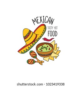 Mexican food symbol. National cuisine set. Mexican dish doodles sign. Fastfood icons with musical instrument and sombrero hat.