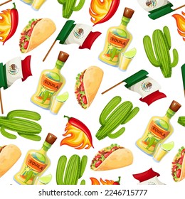 Mexican food and symbols seamless pattern vector illustration. Cartoon Mexican taco with meat and cheese, tequila in bottle and glass with lime and alcohol drink, nopal cactus and flag of Mexico