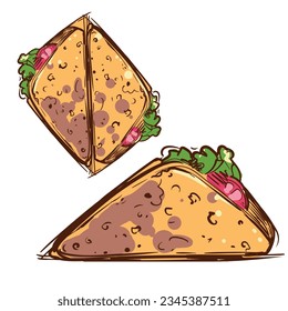 Mexican food Taco. Colored sketch isolated on white background. EPS10 vector illustration