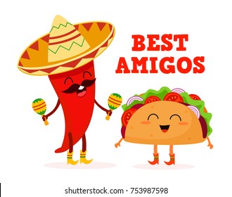 Mexican food. Taco and pepper. Stylized characters. Vector illustration.