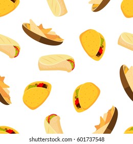 Mexican food tacos burrito and nachos vector seamless background