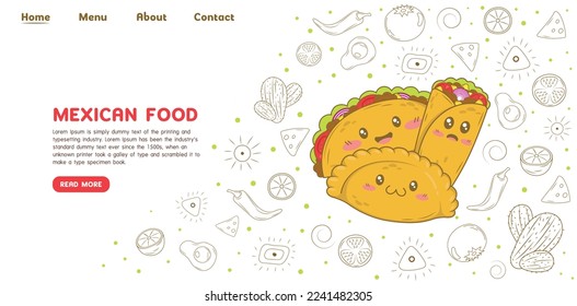 Mexican food tacos and burritos landing page website template with doodle cartoon elements