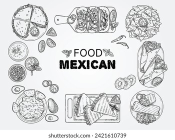 Mexican food. Tacos and burritos sketch. Street meal. Hand drawn nachos and quesadilla pieces. Soda glass. Tortilla with sauce avocado. Spicy cuisine. Eating label. Vector black and white illustration