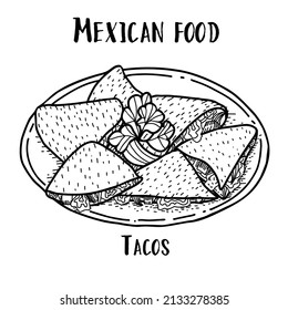 Mexican food Tacos. Hand drawn black and white vector illustration in doodle style.