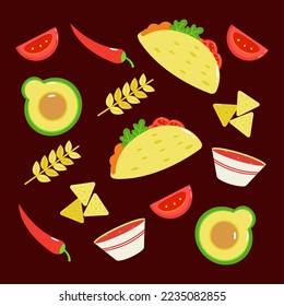 Mexican food. Tacos, nachos, avocado and vegetables pattern